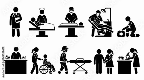 Hospital medical treatment and healthcare service silhouette icon set