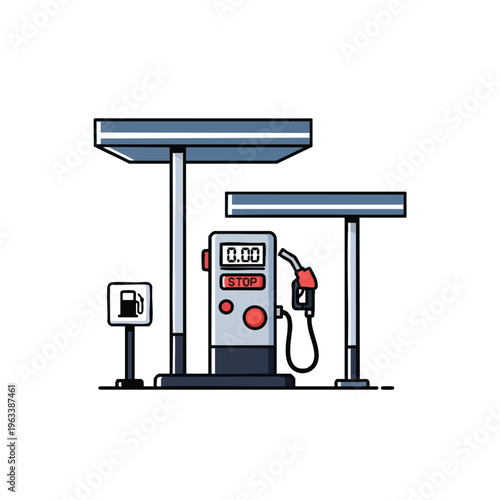 A minimalist illustration of a gas pump with a nozzle, display, and stop button under a canopy