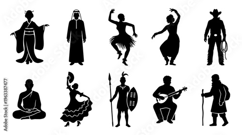 Traditional world cultures silhouette collection, 10 diverse ethnic people icons, global heritage character set in black vector format