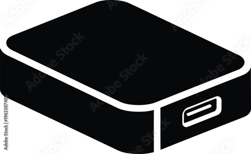 A simple black and white illustration of a portable external hard drive with a usb port