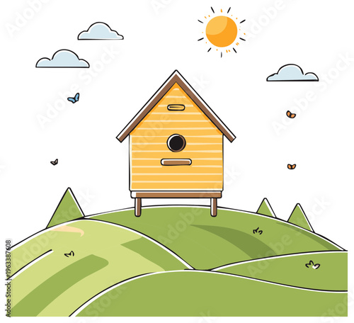 Whimsical Beehive on a Rolling Green Hill with Butterflies and a Sunny Sky