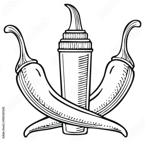 Chili peppers and condiment bottle illustration for food concept