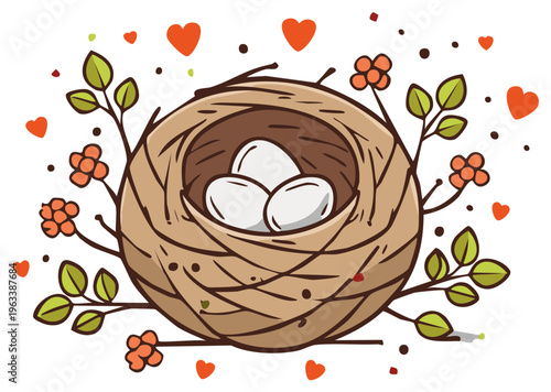 Bird Nest with Three Eggs Surrounded by Spring Flowers and Hearts Illustration