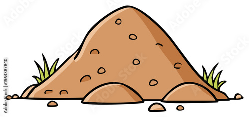 Cartoon ant hill mound with small stones and grass blades illustration