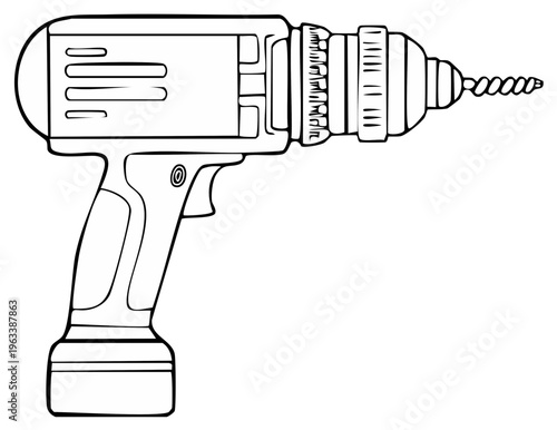 Black and white illustration of a cordless drill tool