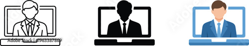 Professional video conference webinar icon with businessman avatar on laptop screen vector set and
