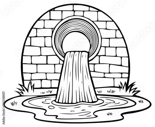 Drainage pipe releasing water into a puddle with brick wall and grass accents