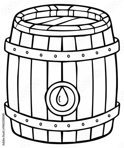 Vintage Wooden Barrel Outline Drawing with Liquid Drop Symbol on the Side