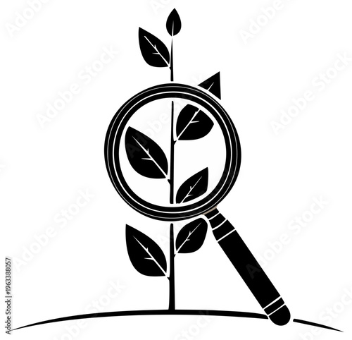 Detailed black and white vector of plant viewed under magnifying glass conveys exploration growth investigation and study