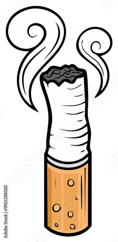 Stylized drawing of burning cigarette with smoke, conveying smoking dangers and health risks.
