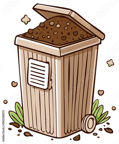 Cartoon compost bin overflowing with soil and organic matter in a garden setting