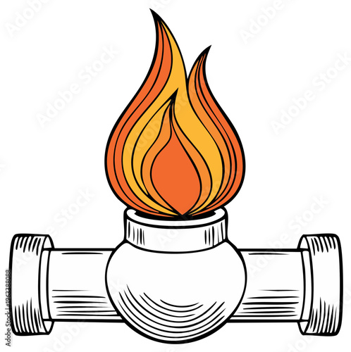 Burning Flame on a Pipe Fitting Cartoon Vector Illustration Energy Resource