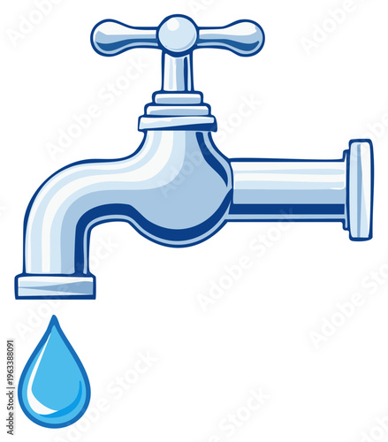 Cartoon style water tap with water drop representing plumbing fixture and fresh drinking water source and conservation