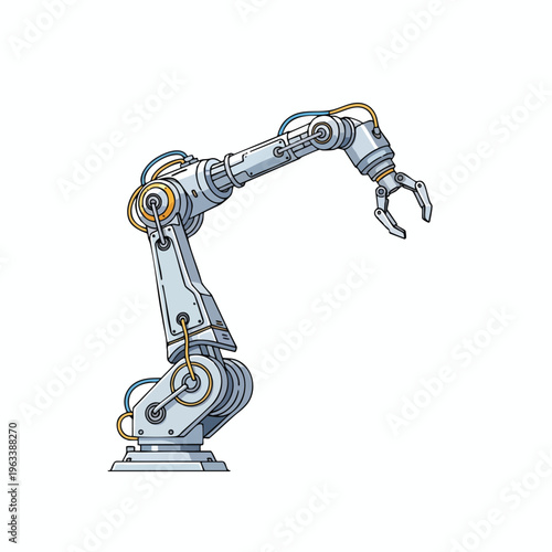 Mechanical robotic arm with gripper, joints, and wires