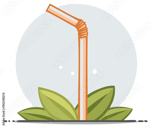 Single orange drinking straw standing tall in green leaves under a soft blue circle