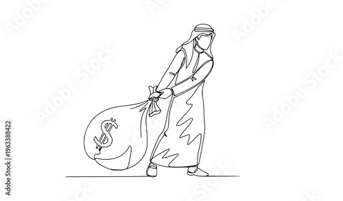Continuous line Arabian businessman pulling money bag financial success challenge vector illustration isolated on white background