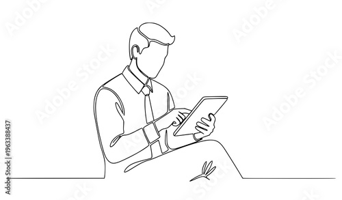 Continuous one line businessman reviewing data on tablet relaxed office analysis vector illustration isolated on white background