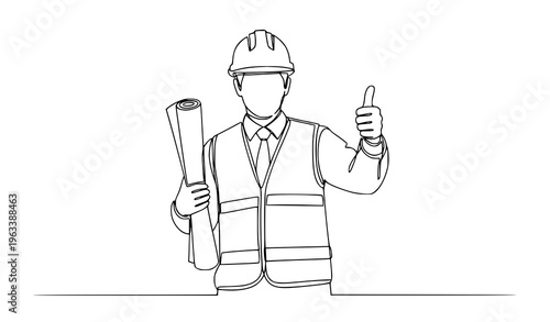 Continuous line architect with blueprint thumbs up construction approval vector illustration isolated on white background
