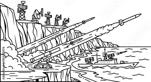 Missile launch from cliffside military base.