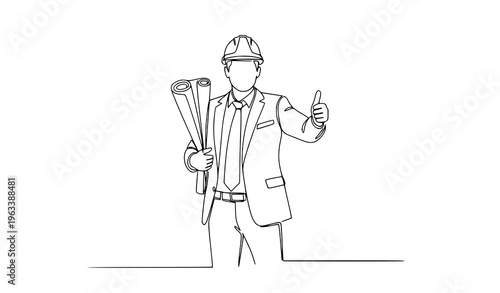 One line architect holding blueprint and showing thumbs up construction approval concept vector illustration isolated on white background
