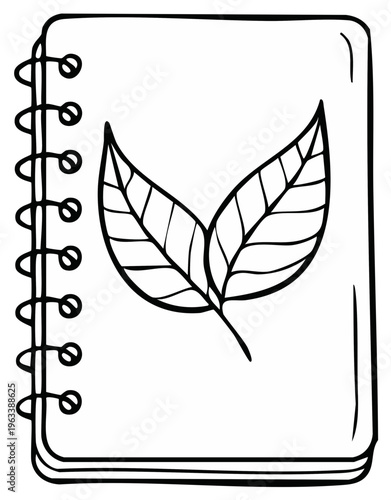 Hand drawn illustration of a spiral bound notebook with two green leaves on the cover