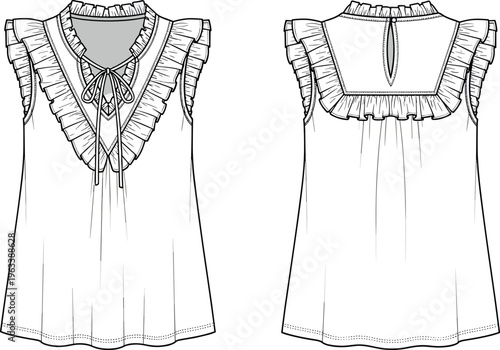 Front and back view of women sleeveless blouse with ruffle neckline and tie detail elegant fashion illustration isolated on clean background