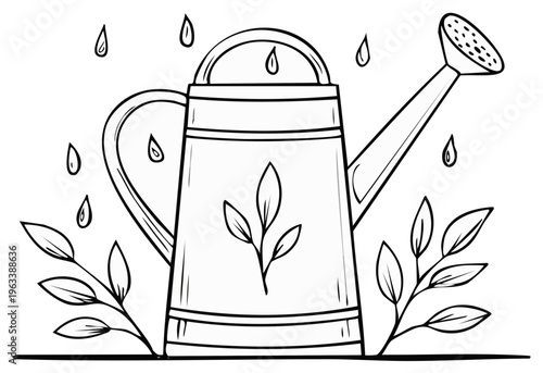 Vintage watering can with growing plants and falling raindrops, symbolizing nurturing and gardening in black and white outline.