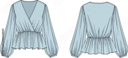 Front and back view of women wrap blouse with long puff sleeves elastic waist casual fashion illustration isolated on background