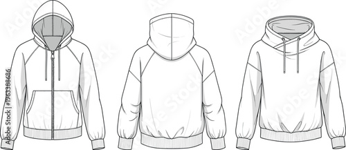 Set of hoodie sweatshirt designs with zip up pullover and cowl neck styles front and back views fashion illustration isolated