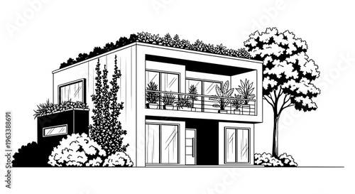 Modern house with large windows exterior.