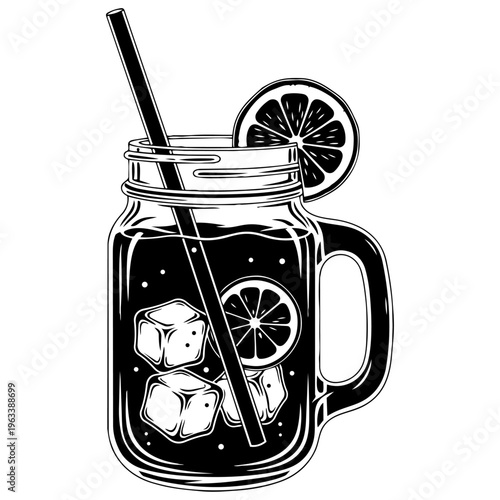 A black and white drawing of a drink with ice and lemon isolated on transparent background, Vector