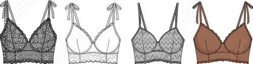 Set of women bras with lace and patterned designs in various styles colors isolated on clean background lingerie fashion illustration collection