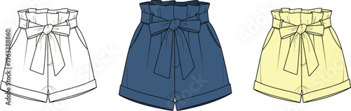 Set of women high waist shorts with belt bow tie detail in white blue and yellow casual summer fashion illustration isolated
