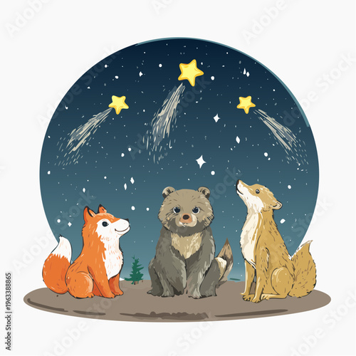 Cute cartoon animals watching shooting stars in a whimsical night sky.