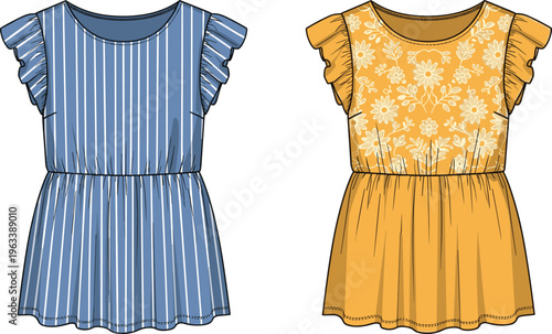 Set of women summer dresses with ruffle sleeves stripe and floral patterns casual fashion illustration isolated on clean background collection