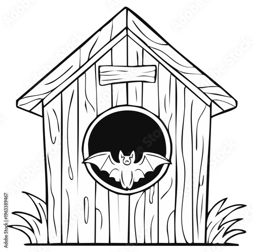 Black and white illustration of bat house, Halloween concept.