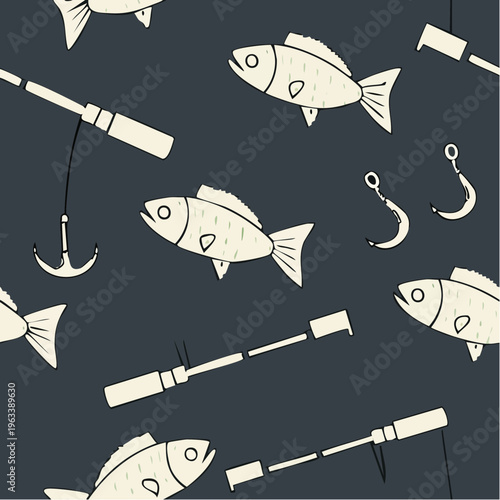 Fishing themed seamless pattern with fish fishing rods hooks and anchors.
