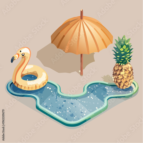 Tropical Poolside Scene with Flamingo Float and Pineapple.