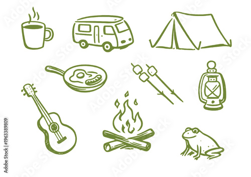 Camping doodle icon set hand drawn vector illustration