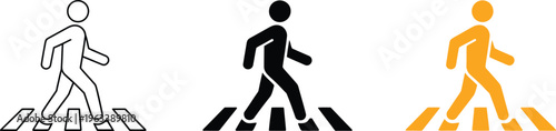 Pedestrian crossing icons in black outline solid black and orange on transparent background