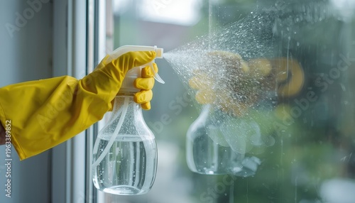 Hand in yellow glove spraying cleaning solution on window glass. Closeup of household disinfection and hygiene routine. Concept of cleanliness, sanitation and home maintenance