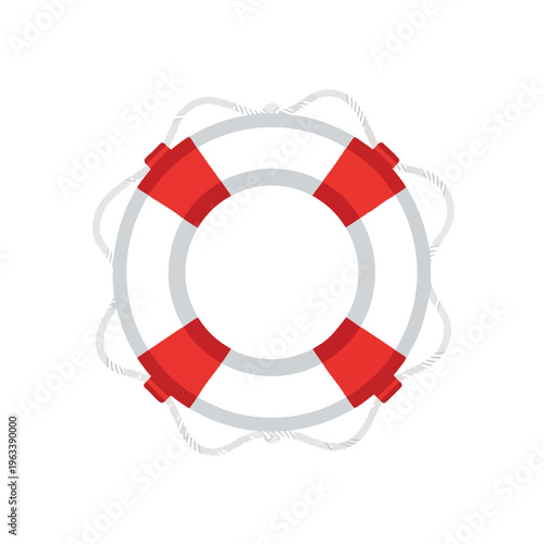 A red and gray ring buoy with white rope wrapped around it, on a white background