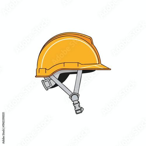 An orange safety helmet with a grey suspension system and buckle, on a white background