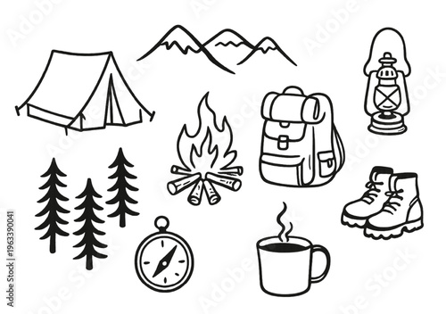 Camping elements set outline sketch vector illustration