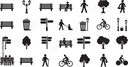 Park icons, outdoor recreation symbols, black silhouette graphics, urban park illustrations, 25 icon set