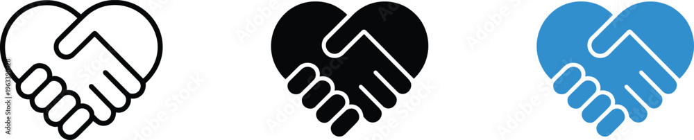 Fototapeta premium Heart handshake icons black outline solid black and blue purple on transparent background