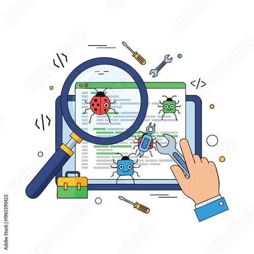 Magnifying glass examines bugs on screen with tools for debugging