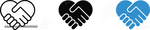 Heart handshake icons black outline solid black and blue purple on transparent background