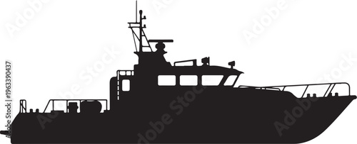 Black silhouette naval ship, military vessel, boat icon, vector illustration