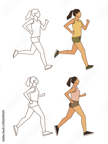 flat colored and line art woman running vector illustration